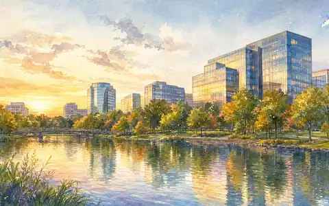 Aquarell zeigt fuer Leidos Holdings ISIN US5253271028 einen Buerocampus mit Glastuermen am Wasser bei Sonnenuntergang - Foto: THN