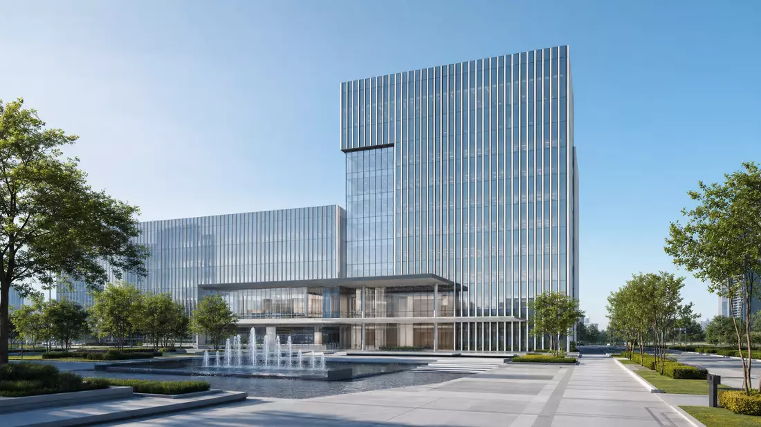 3D-Architekturvisualisierung eines modernen Glas-Firmensitzes mit Springbrunnen und Grünflächen