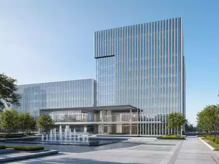 Architektur-Render visualisiert fuer Leidos Holdings ISIN US5253271028 einen modernen Firmensitz aus Glas mit Springbrunnenplatz - Foto: THN