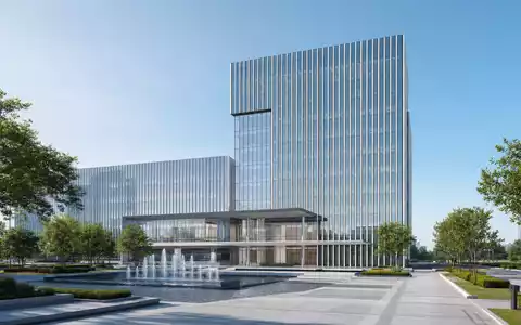 Architektur-Render visualisiert fuer Leidos Holdings ISIN US5253271028 einen modernen Firmensitz aus Glas mit Springbrunnenplatz - Foto: THN
