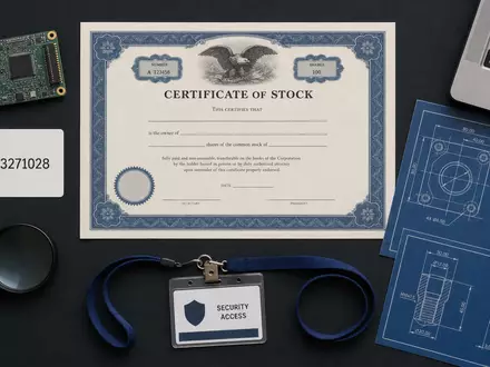 Flatlay zeigt fuer Leidos Holdings ISIN US5253271028 Aktienzertifikat, ISIN-Karte, Platine und technische Blaupausen auf Tisch - Foto: THN