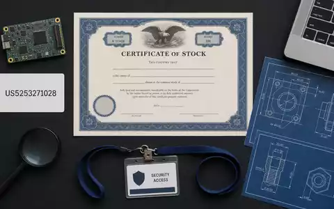 Flatlay zeigt fuer Leidos Holdings ISIN US5253271028 Aktienzertifikat, ISIN-Karte, Platine und technische Blaupausen auf Tisch - Foto: THN