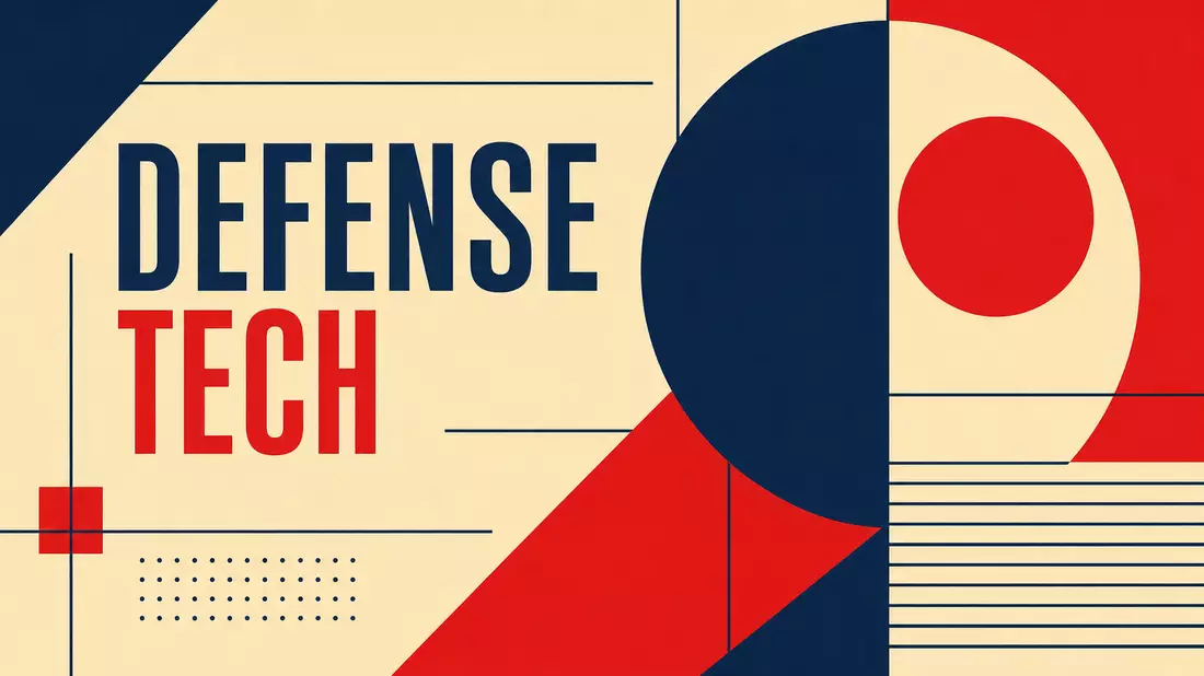 Geometrisches Bauhaus-Poster mit Kreisen, Dreiecken und Schriftzug Defense Tech