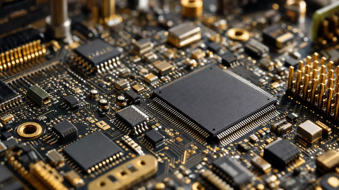 Makroaufnahme einer Leiterplatte mit goldenen Kontakten und Mikrochips