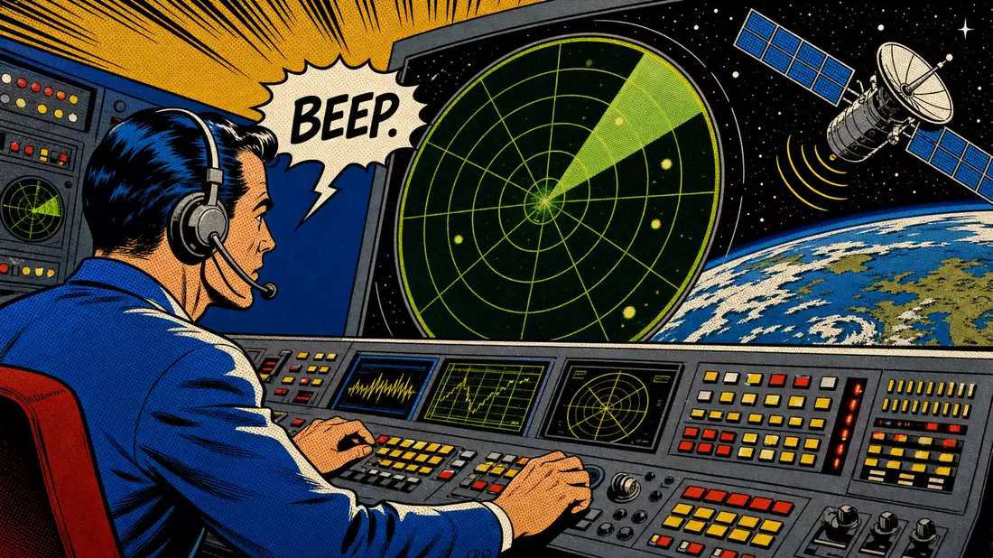 Bunte Pop-Art-Comic-Illustration eines Technikers an Radarkonsole mit Satellit im All