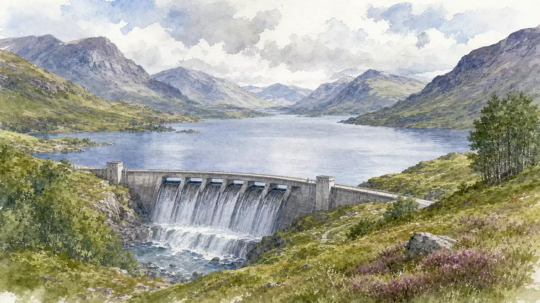 Aquarellmalerei eines Wasserkraftwerks mit Stausee in den schottischen Highlands
