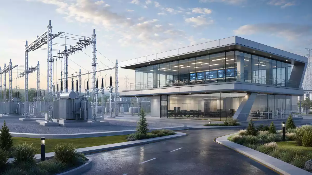 Architektur-Render eines modernen Umspannwerks mit gläsernem Kontrollgebäude