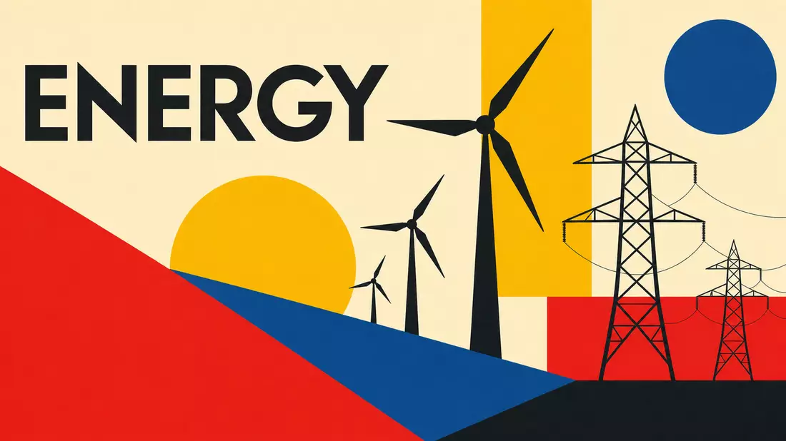 Bauhaus-Poster mit geometrischen Formen, Windturbinen und dem Wort ENERGY
