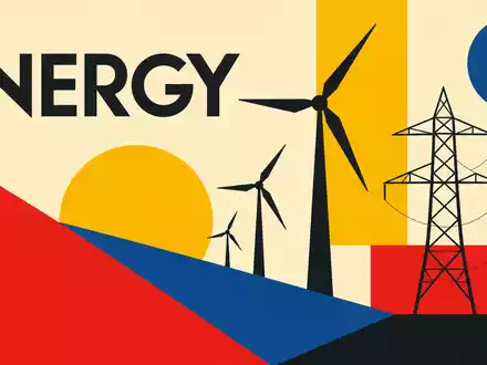 SSE plc (ISIN GB0007908733) symbolisiert erneuerbare Energien in geometrischem Bauhaus-Poster mit Windturbinen-Motiven - Foto: THN
