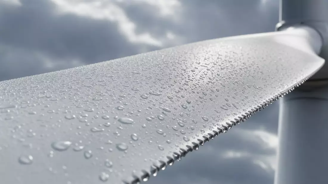 Makroaufnahme eines Windturbinenblatts mit Regentropfen vor bewölktem Himmel