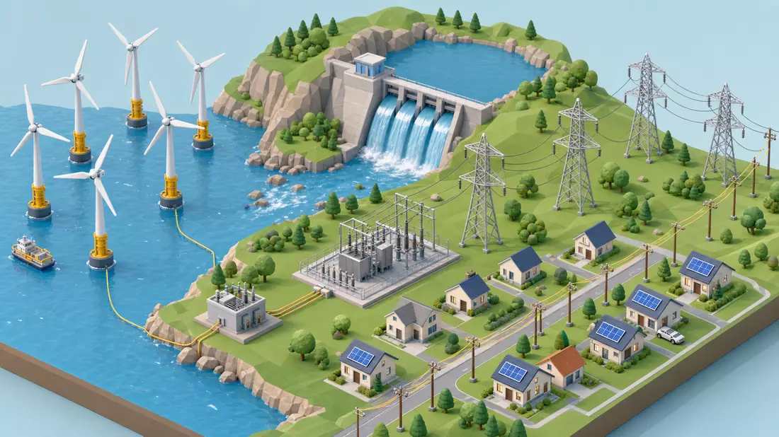 Isometrische 3D-Grafik der Energie-Wertschöpfungskette von Windpark bis Haushalt