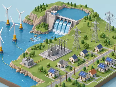 SSE plc (ISIN GB0007908733) verbindet Windkraft, Wasserkraft und Stromnetz in isometrischer Wertschöpfungsketten-Darstellung - Foto: THN
