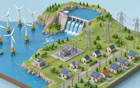 SSE plc (ISIN GB0007908733) verbindet Windkraft, Wasserkraft und Stromnetz in isometrischer Wertschöpfungsketten-Darstellung - Foto: THN