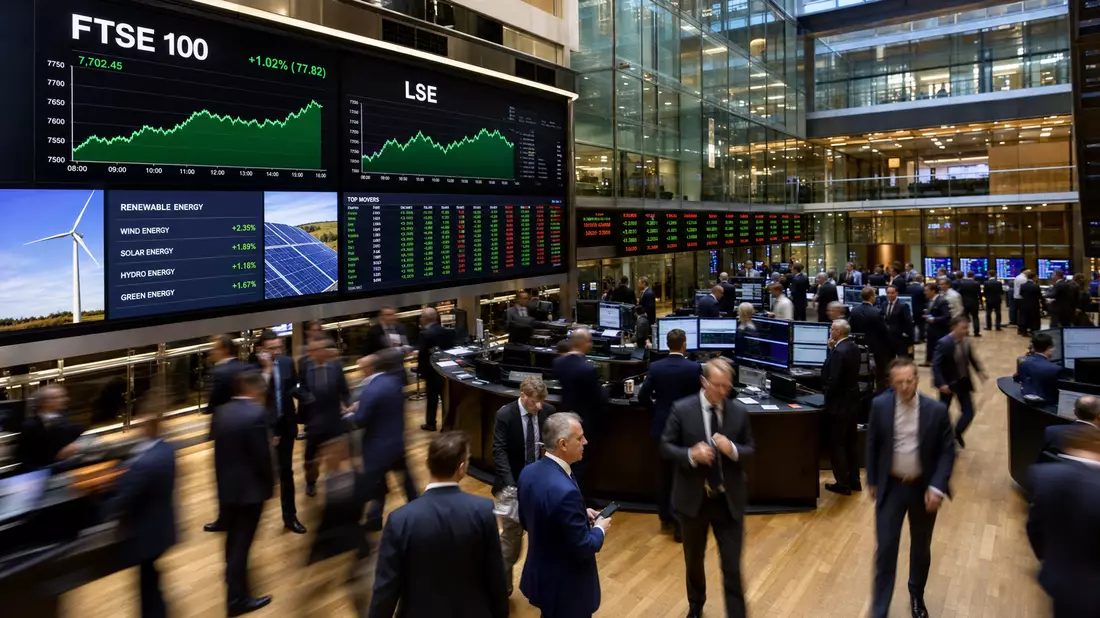 Börsenparkett in London mit Kurstafeln zu FTSE 100 und erneuerbaren Energien