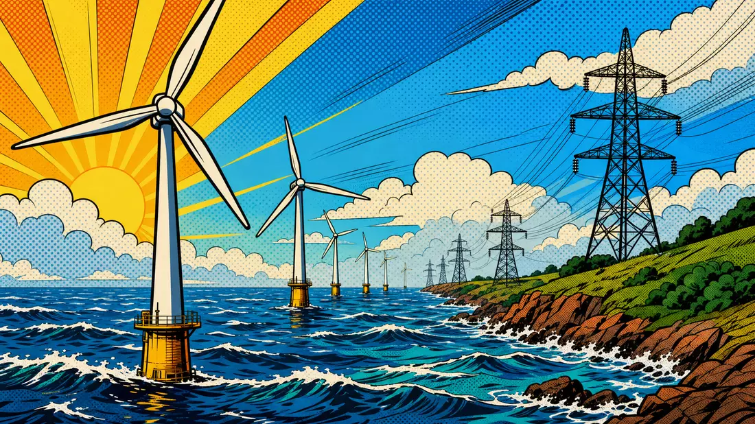 Bunte Pop-Art-Comic-Illustration eines Offshore-Windparks mit Strommasten an der Küste
