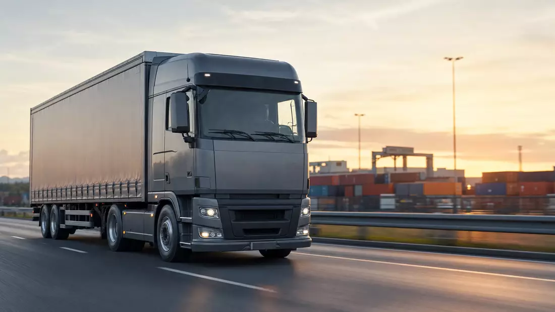 Schwerer LKW fährt bei Sonnenuntergang an Container-Hafenanlage vorbei, Logistikszene