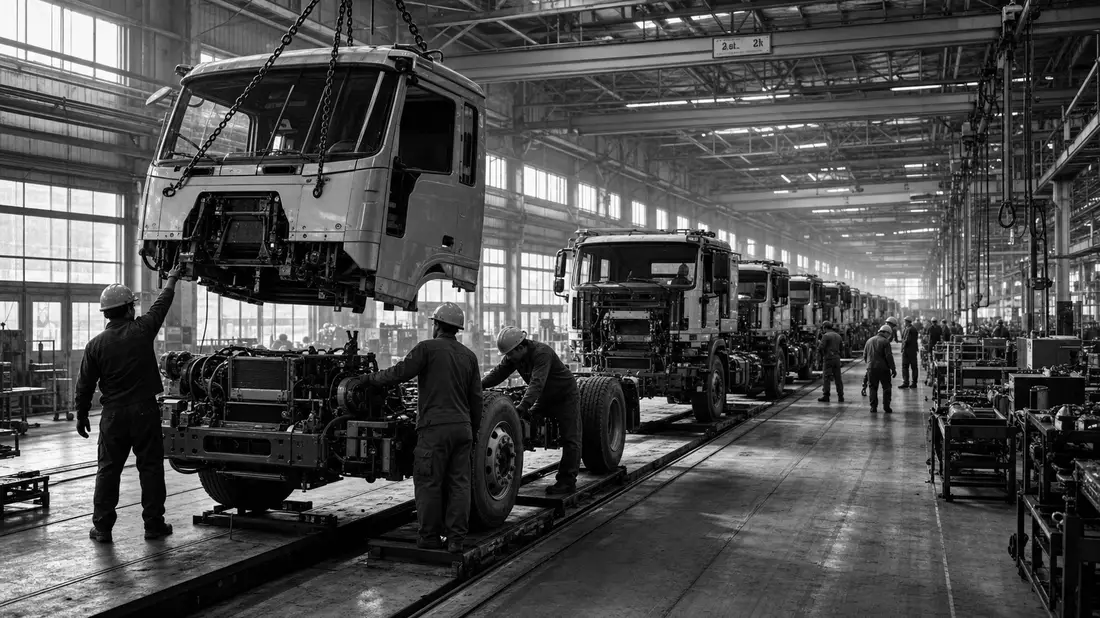 Schwarzweiß-Reportagefoto zeigt Arbeiter beim Zusammenbau von Lkw-Kabinen in Fabrikhalle