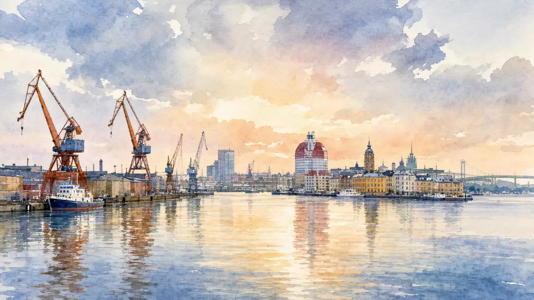Aquarellmalerei zeigt Göteborgs Hafenskyline mit Kränen und Wasser bei sanftem Abendlicht