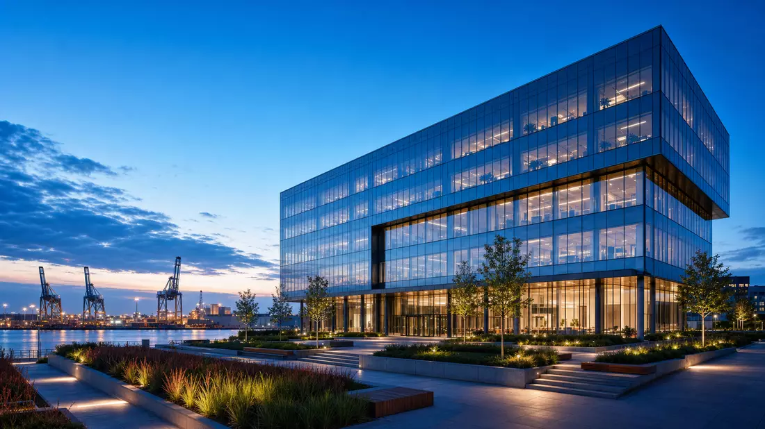 Architekturvisualisierung eines modernen Glasbürogebäudes am Hafen zur blauen Stunde