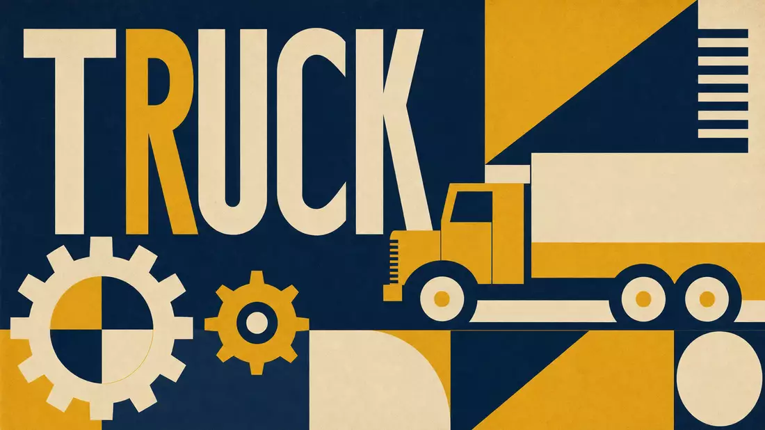 Geometrisches Bauhaus-Poster mit stilisiertem Lastwagen, Zahnrädern und Schriftzug TRUCK