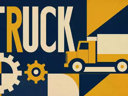 Volvo AB (SE0000115446) symbolisiert Nutzfahrzeugindustrie durch geometrisches Bauhaus-Plakat mit stilisiertem Lastwagen und markanten Zahnrädern - Foto: THN