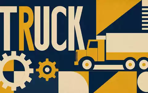 Volvo AB (SE0000115446) symbolisiert Nutzfahrzeugindustrie durch geometrisches Bauhaus-Plakat mit stilisiertem Lastwagen und markanten Zahnrädern - Foto: THN