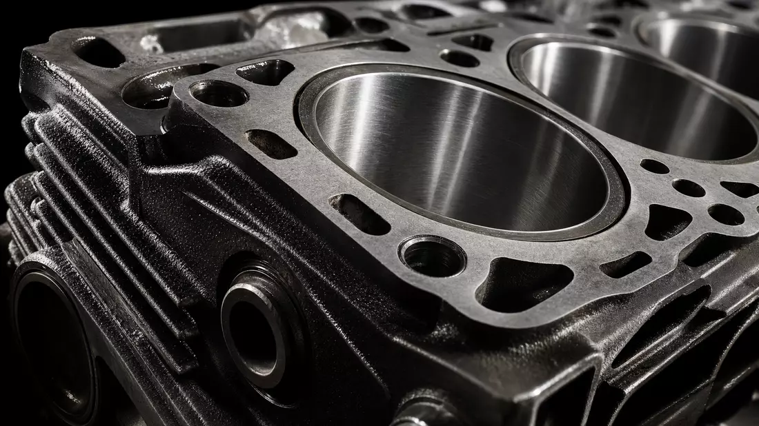 Makroaufnahme eines Dieselmotorblocks zeigt präzise gefräste Metalloberflächen und Kühlrippen