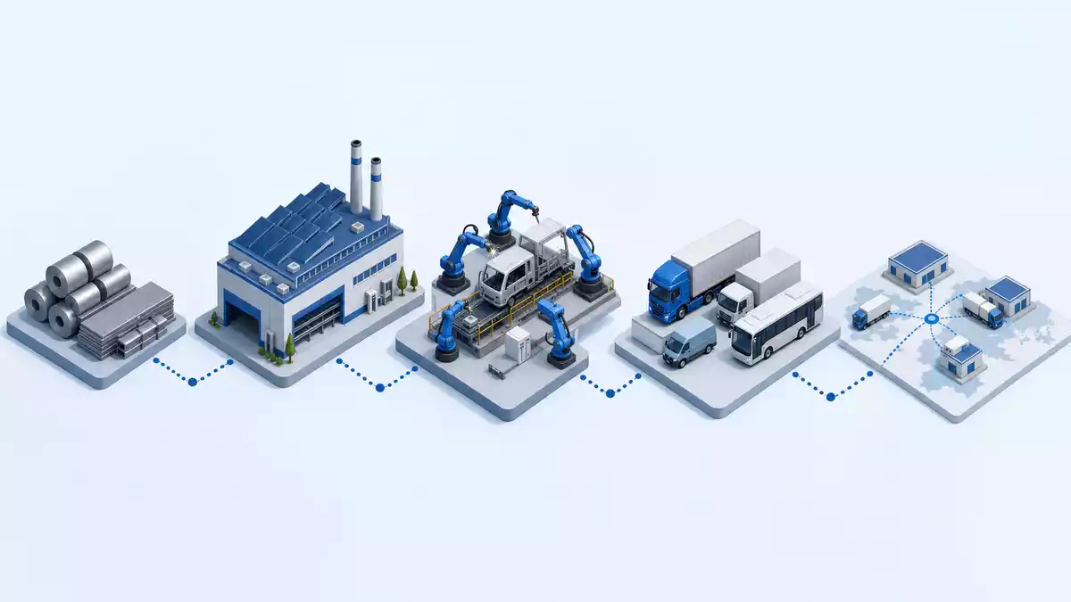 Isometrische 3D-Grafik zeigt Wertschöpfungskette von Stahl über Fabrik bis Fahrzeugverteilung