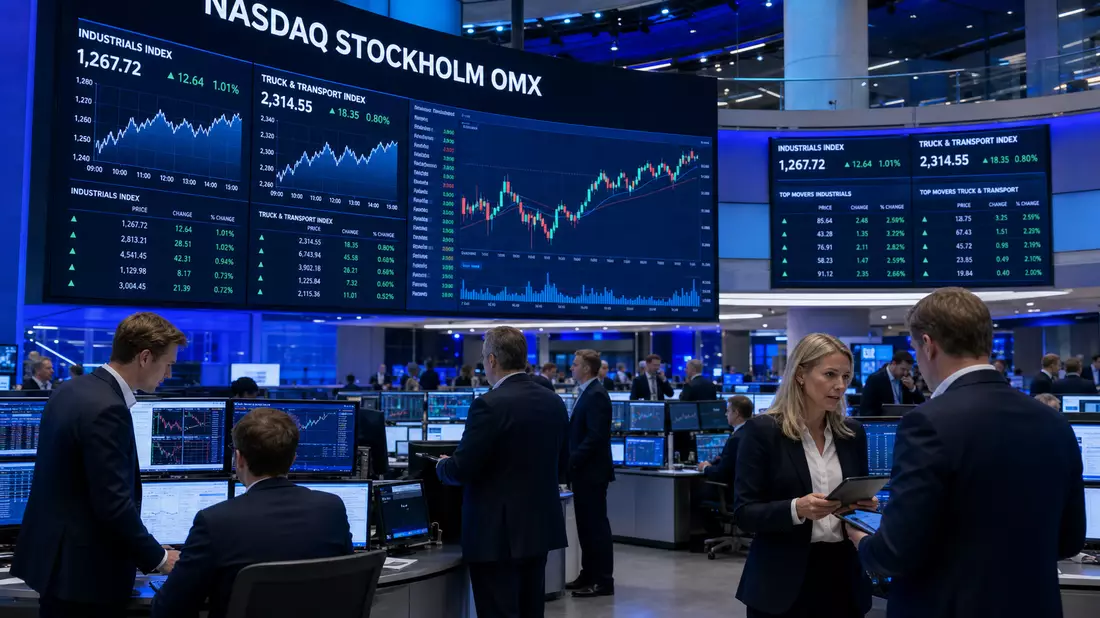 Trading-Floor mit Bildschirmen zeigt Nasdaq Stockholm OMX Kurse für Industrie- und Transportindex