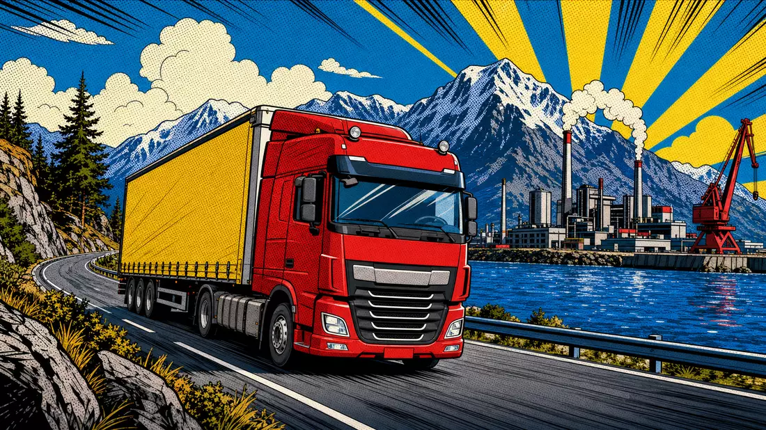 Pop-Art-Comic zeigt roten Lastwagen auf Küstenstraße vor Bergen und Industrieanlage