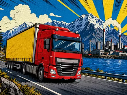 Volvo AB (SE0000115446) inspiriert farbenfrohe Pop-Art-Illustration eines Lastwagens vor schwedischer Bergkulisse und industrieller Hafenanlage - Foto: THN
