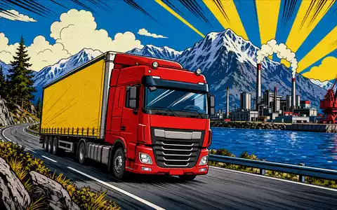 Volvo AB (SE0000115446) inspiriert farbenfrohe Pop-Art-Illustration eines Lastwagens vor schwedischer Bergkulisse und industrieller Hafenanlage - Foto: THN