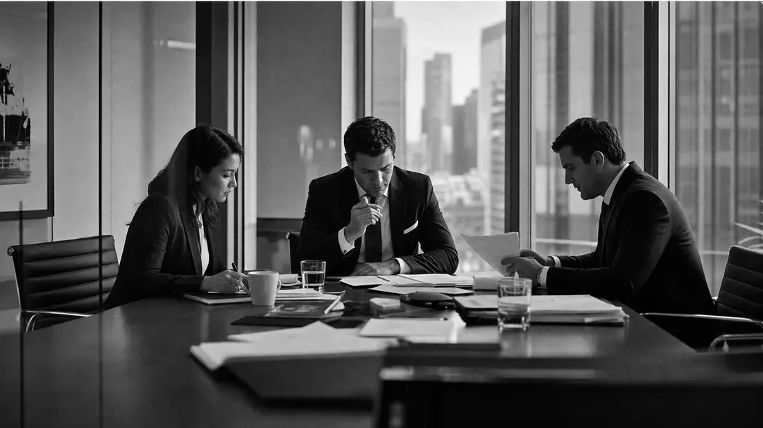 Schwarzweiß-Reportage von Investmentprofis bei Dokumentenprüfung im Büro