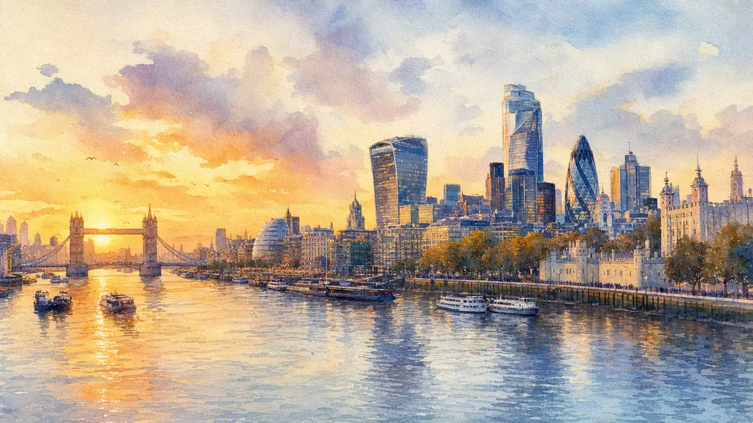 Aquarellgemälde der Londoner Skyline mit Themse bei Sonnenuntergang