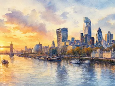 3i Group plc (ISIN GB00B1YW4409) hat Hauptsitz in London, dargestellt als stimmungsvolles Aquarellgemälde der Skyline - Foto: THN