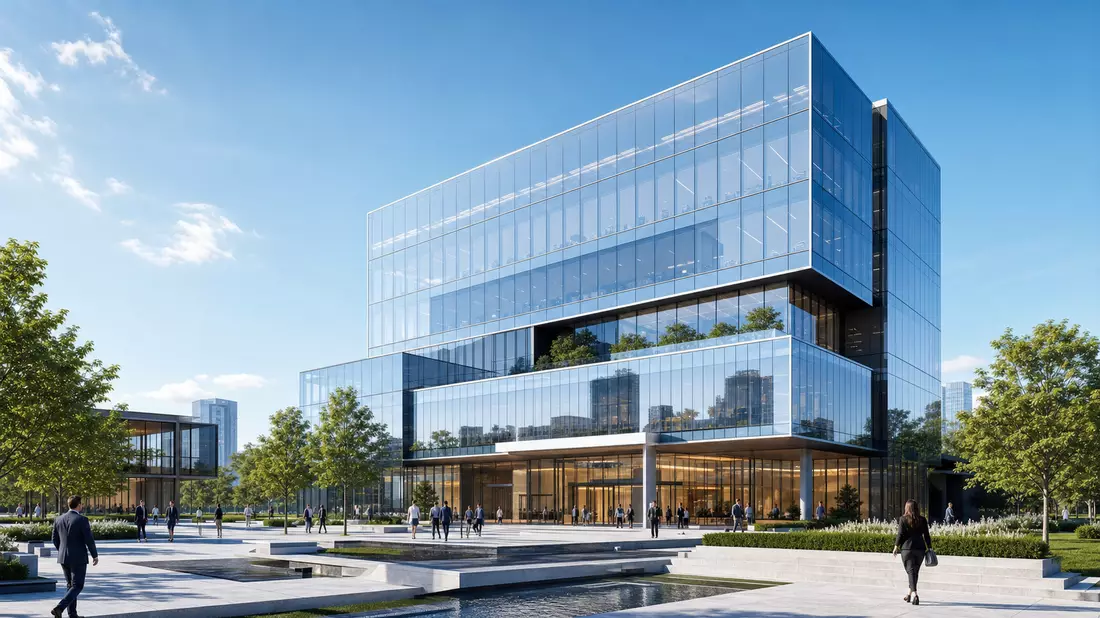 Architektur-Render eines modernen Glas-Bürogebäudes mit begrüntem Vorplatz