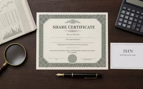 3i Group plc (ISIN GB00B1YW4409) symbolisiert dieses Flatlay mit Aktienzertifikat, ISIN-Karte und Finanzutensilien - Foto: THN