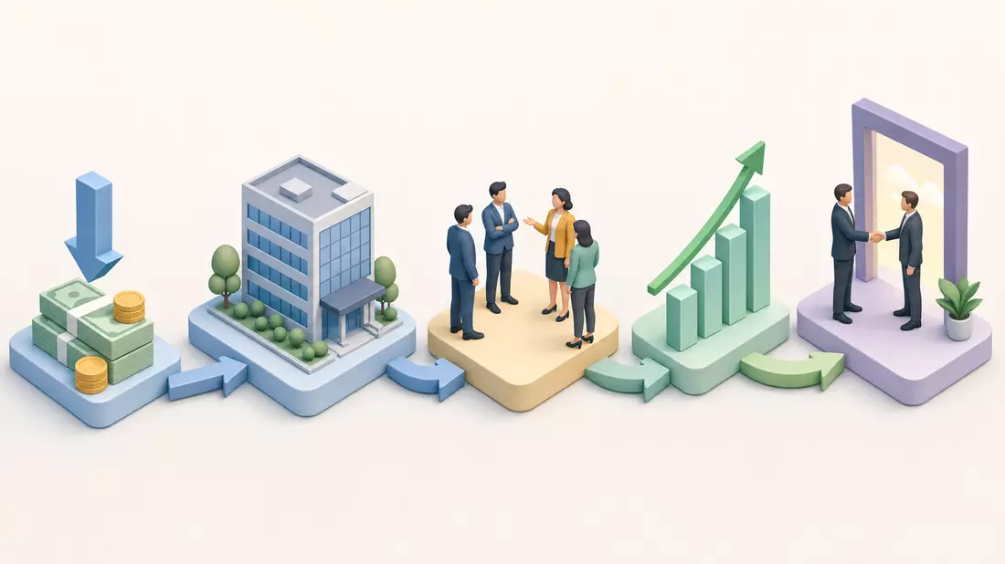 Isometrische 3D-Illustration einer Investment-Wertschöpfungskette mit Firmenwachstum