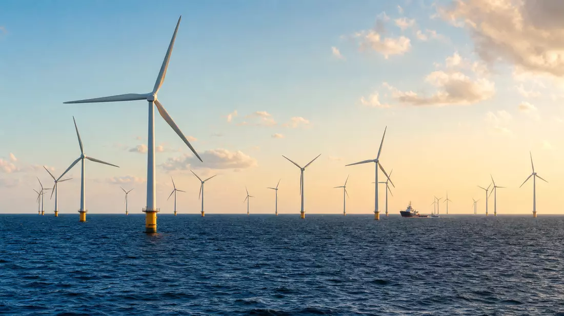 Offshore-Windpark mit zahlreichen Windturbinen im Meer bei Sonnenuntergang, Dänemark