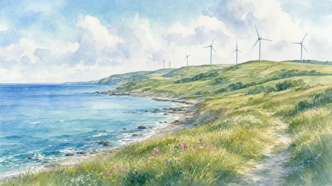 Aquarellmalerei einer dänischen Küstenlandschaft mit Windturbinen auf grünen Hügeln
