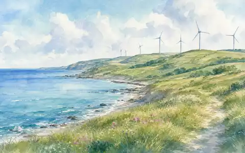 Vestas Wind Systems A/S (DK0010268606) hat Wurzeln in Dänemark, dargestellt als sanfte Aquarell-Küstenlandschaft mit Windrädern - Foto: THN