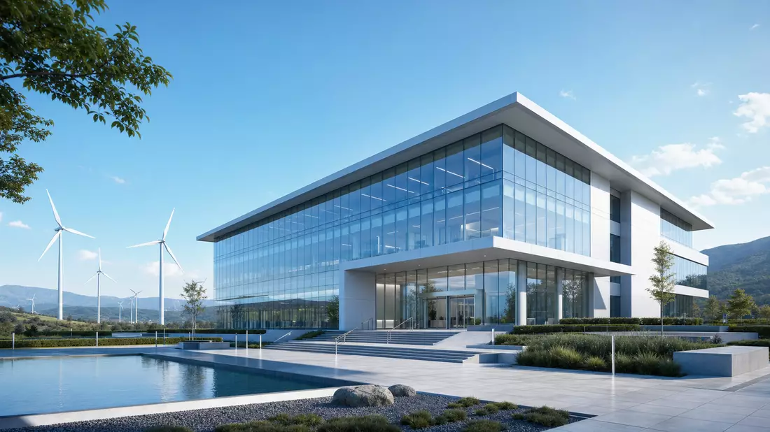 Architektur-Render eines modernen Glasgebäudes mit Windturbinen im Hintergrund