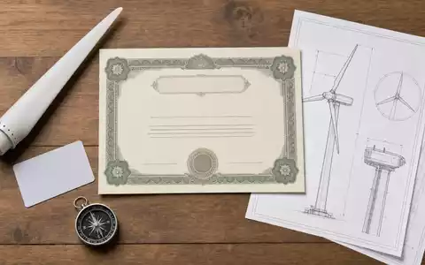 Vestas Wind Systems A/S (DK0010268606) als Investment dargestellt, Flatlay mit Aktienzertifikat, ISIN-Karte und Turbinenskizzen - Foto: THN