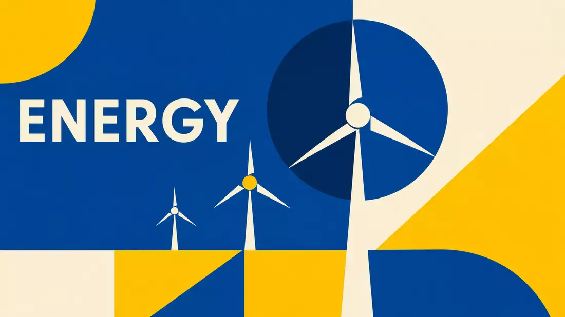 Bauhaus-Poster mit geometrischen Windturbinen-Formen und dem Schriftzug ENERGY
