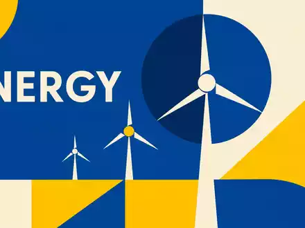 Vestas Wind Systems A/S (DK0010268606) steht für Windenergie, illustriert als geometrisches Bauhaus-Poster mit Turbinen-Motiv - Foto: THN