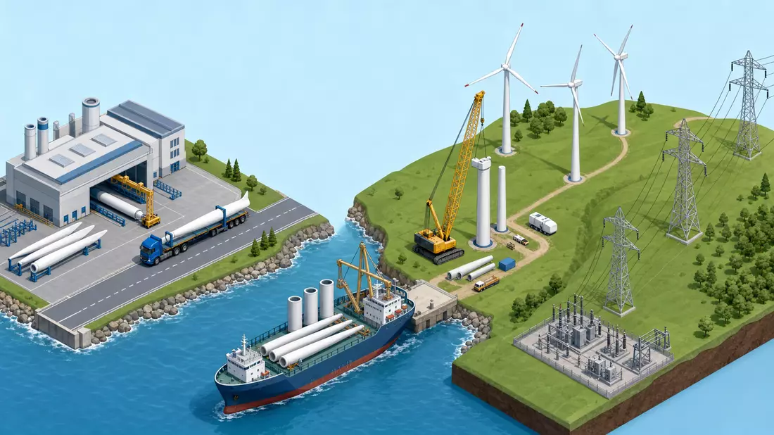 Isometrische 3D-Grafik der Windenergie-Wertschöpfungskette von Fabrik bis Windpark