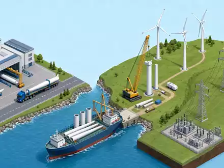 Vestas Wind Systems A/S (DK0010268606) deckt die gesamte Wertschöpfungskette ab, isometrisch von Produktion bis Netzanschluss - Foto: THN