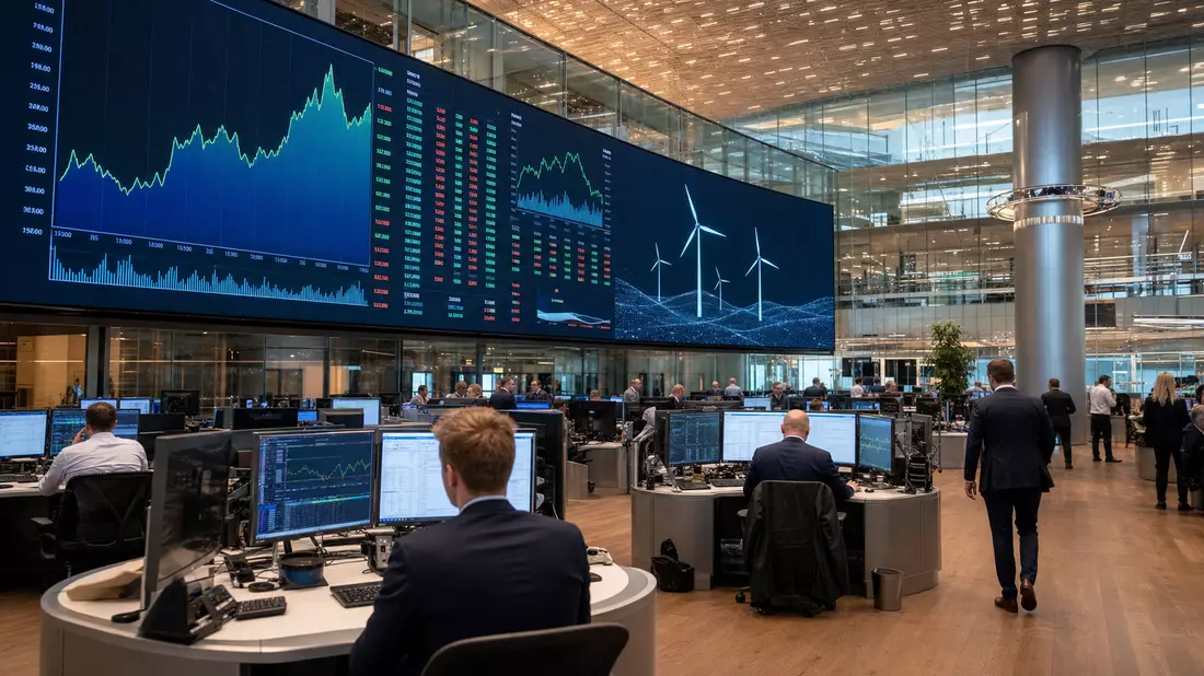 Trading-Floor der Börse Kopenhagen mit Kursbildschirmen und Windturbinen-Symbolen