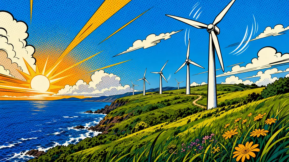 Pop-Art-Comic mit bunten Windturbinen auf grüner Küstenlandschaft bei Sonnenaufgang