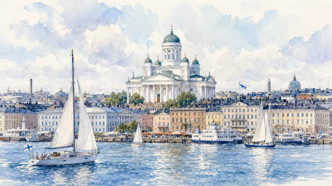 Aquarell der Helsinki-Skyline mit Dom und Segelbooten, Sampo Oyj FI0009003305